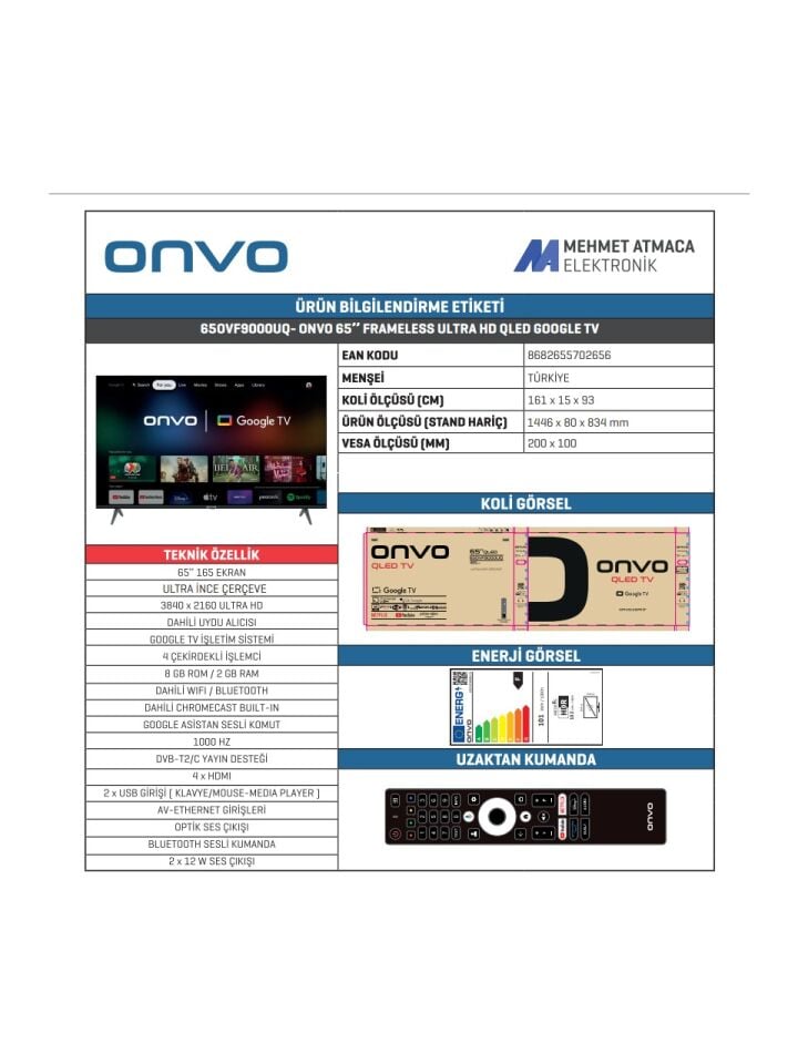 ONVO 65OVF9250 65inc 165 cm 4K UHD Google Smart QLED TV,Uydu Alıcılı