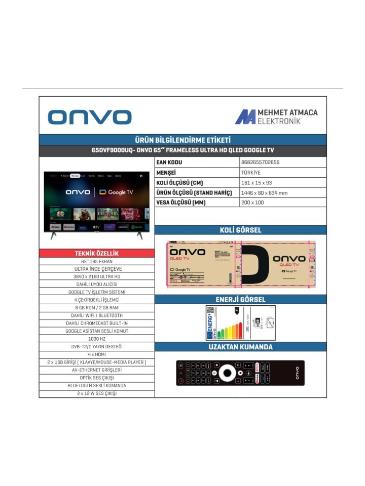ONVO 65OVF9250 65inc 165 cm 4K UHD Google Smart QLED TV,Uydu Alıcılı